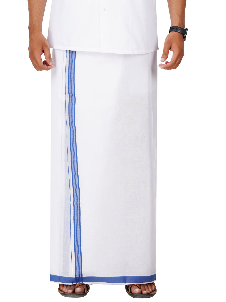 Mens White Double Dhoti with Blue Fancy Border Terra