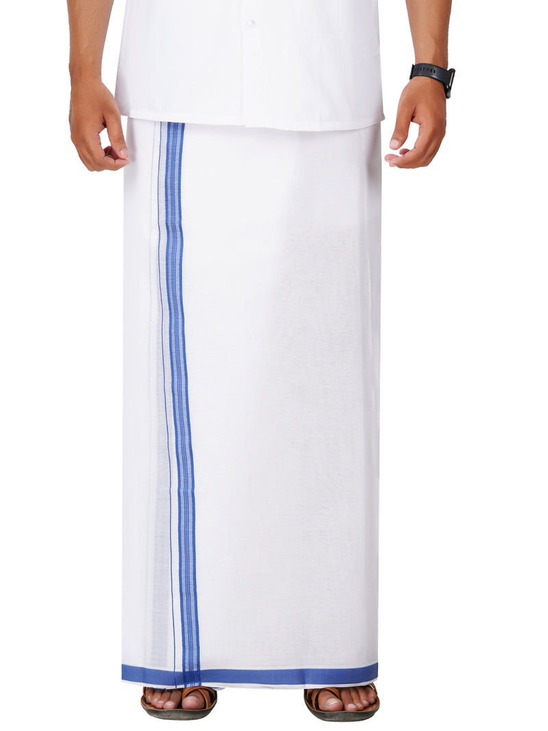 Mens White Double Dhoti with Blue Fancy Border Terra