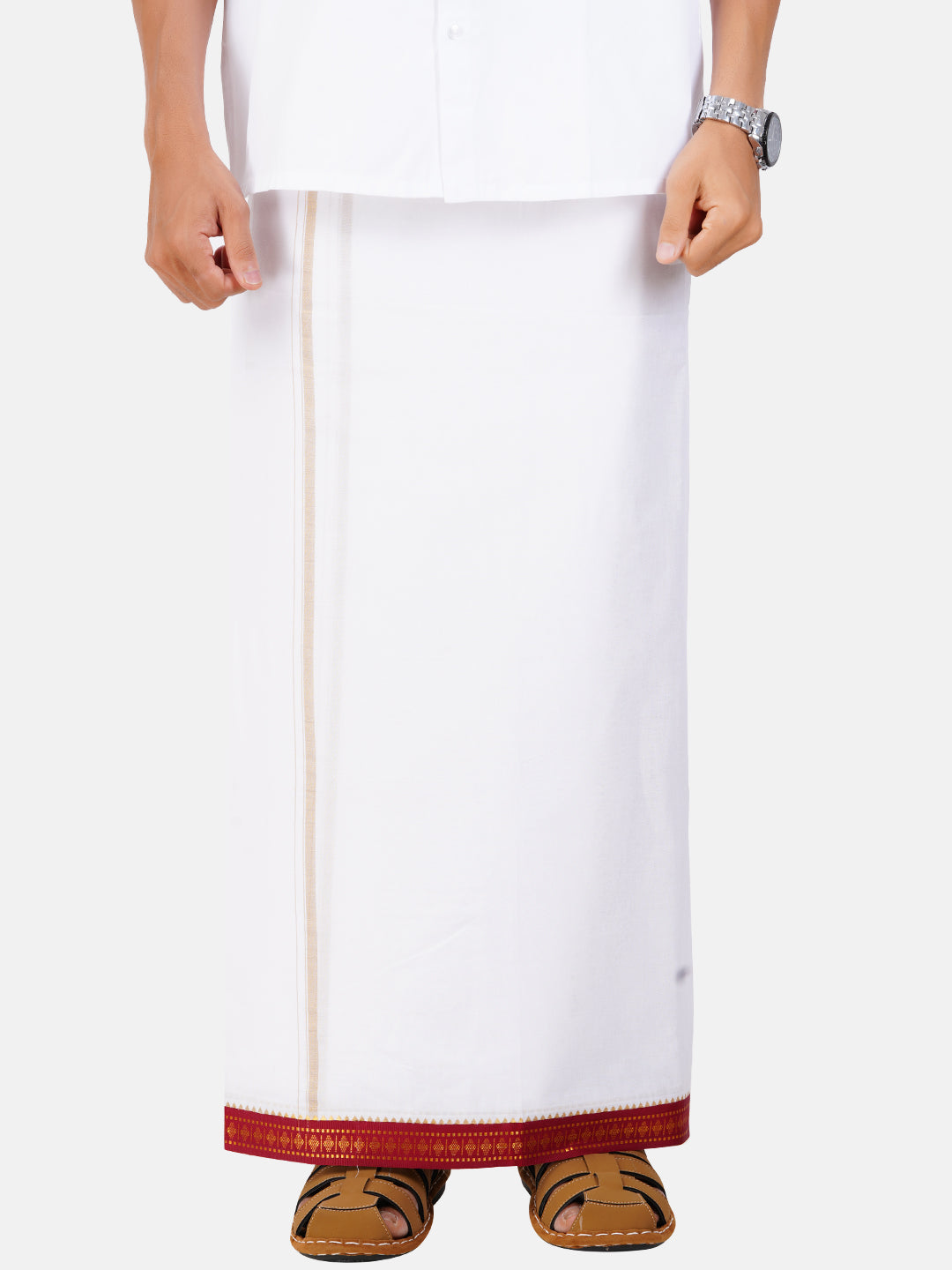 Mens Double Dhoti White with Myilkhgan Border Sudharsan-Front view