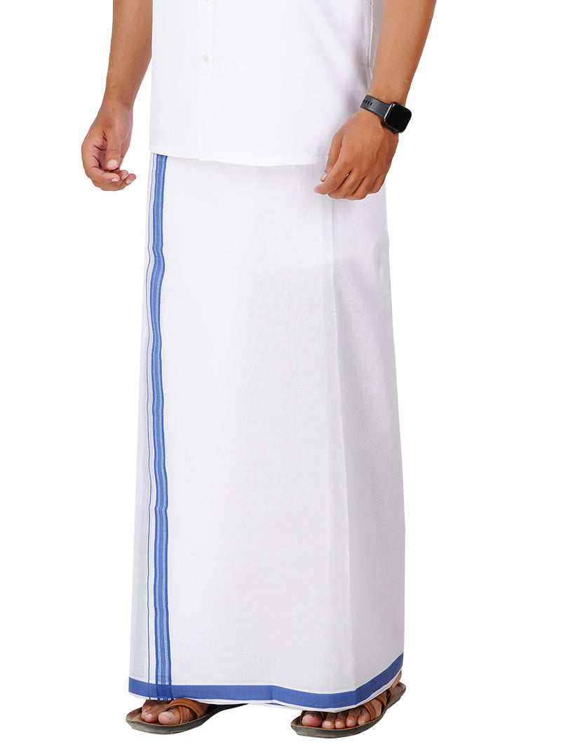 Mens White Double Dhoti with Blue Fancy Border Terra