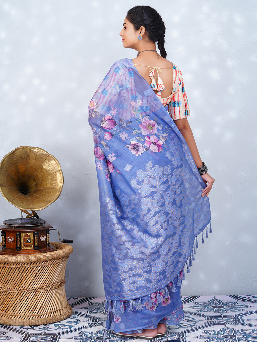 Women Chanderi Cotton Printed Saree Blue SC01