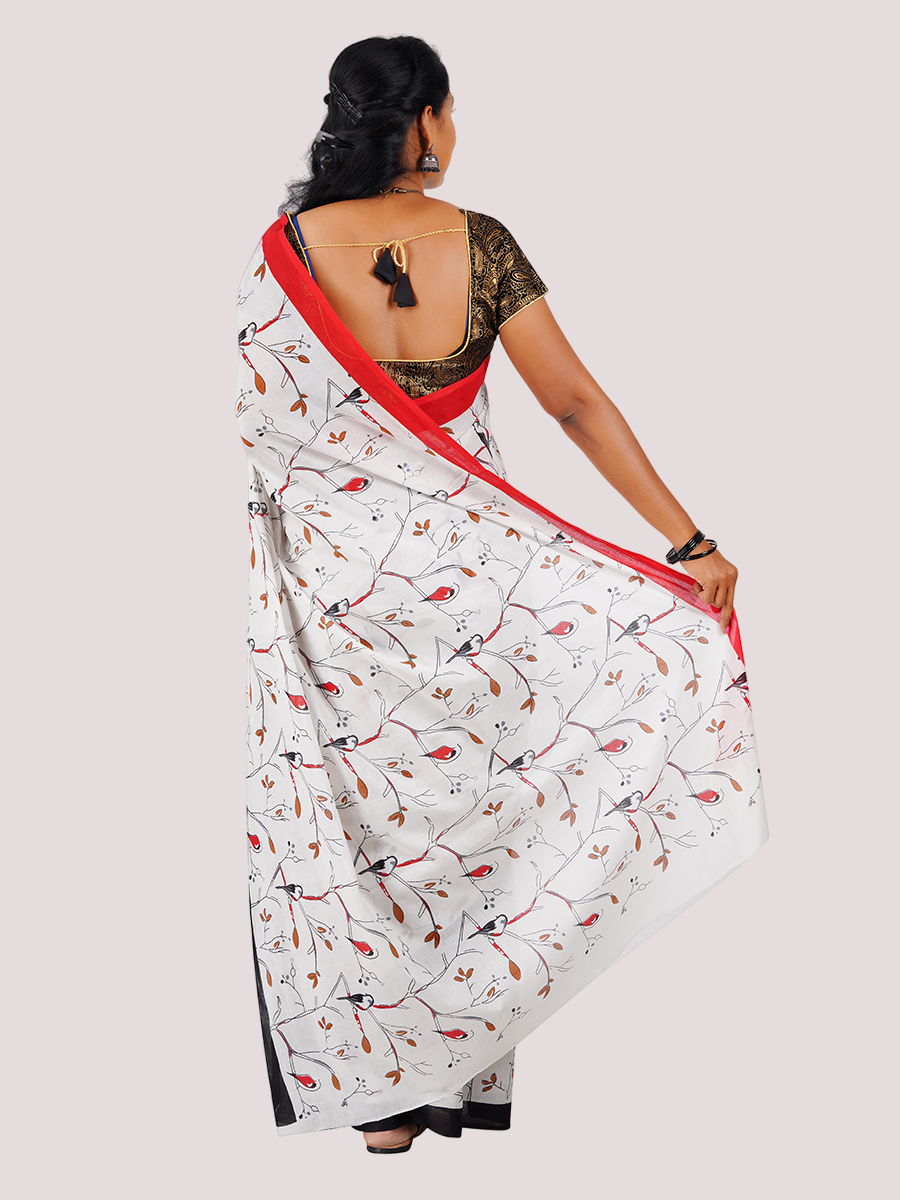 Cotton Printed White with Black Saree CPS04-Back view