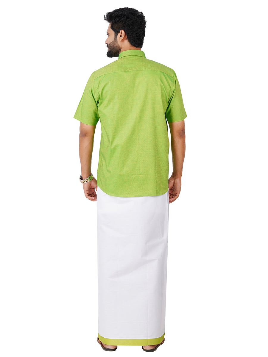 Matching Dhoti Shirt & Semi Kora Cotton Saree Couple Combo Parrot Green-Back view
