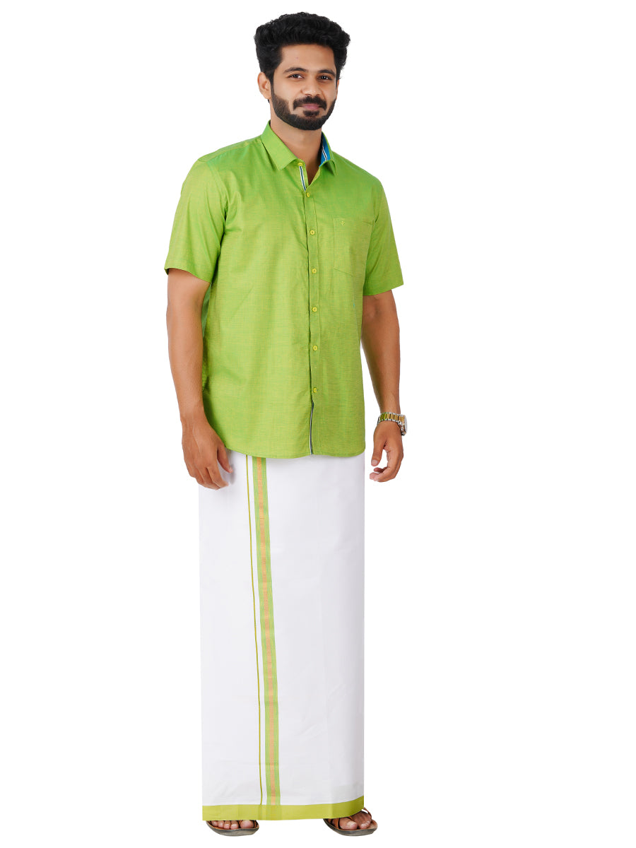Matching Dhoti Shirt & Semi Kora Cotton Saree Couple Combo Parrot Green-Front view