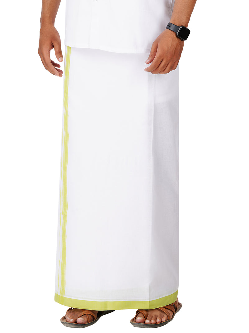 Mens White Double Dhoti with Light Green Fancy Border Terra