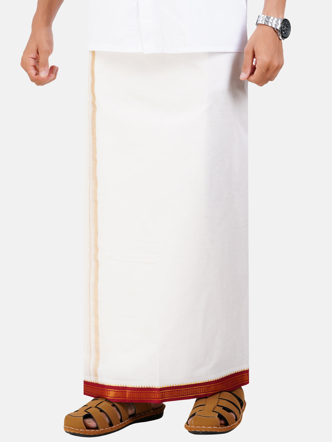 Mens Double Dhoti Cream with Myilkhgan Border Sudharsan-Front view