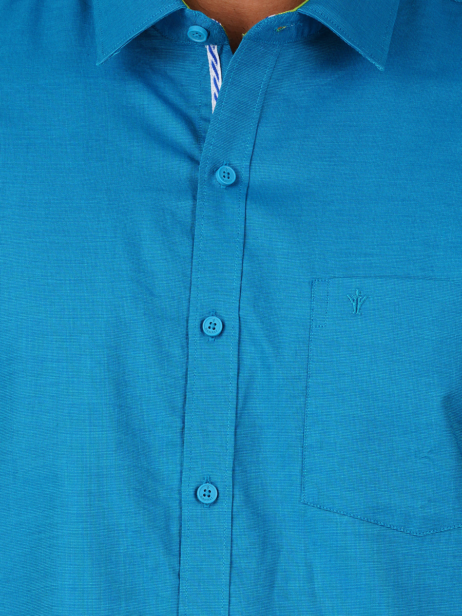 Mens Cotton Matching Border Dhoti & Half Sleeves Shirt Blue Set GL15-Zoom view