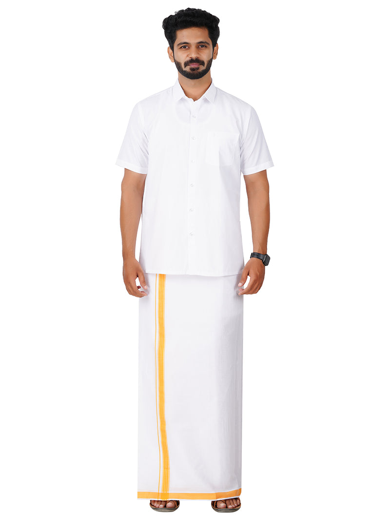 Mens White Double Dhoti with Yellow Fancy Border Terra