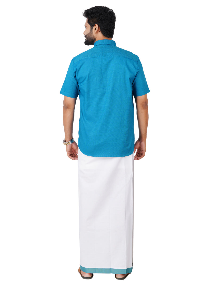 Mens Cotton Matching Border Dhoti & Half Sleeves Shirt Blue Set GL15-Back view