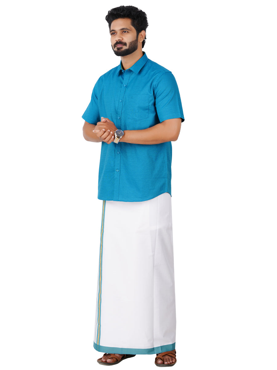Mens Cotton Matching Border Dhoti & Half Sleeves Shirt Blue Set GL15-Side view