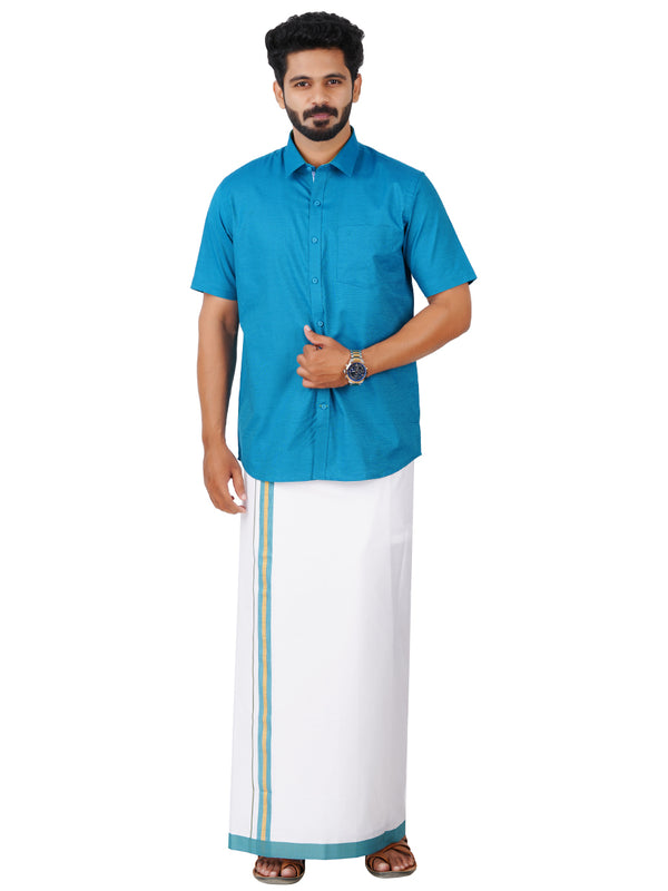 Mens Cotton Matching Border Dhoti & Half Sleeves Shirt Blue Set GL15