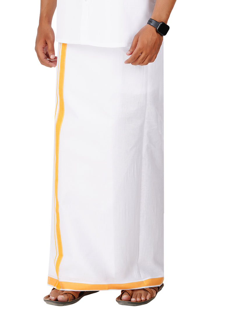 Mens White Double Dhoti with Yellow Fancy Border Terra