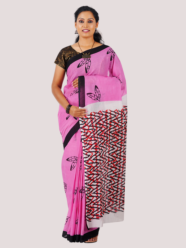 Cotton Printed Pink with Black Leaf Design Saree CPS11