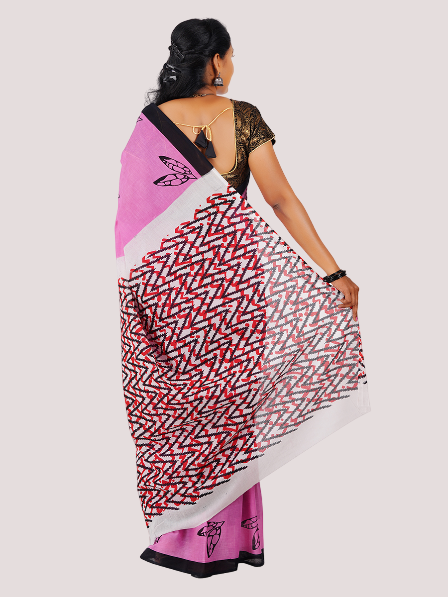 Cotton Printed Pink with Black Leaf Design Saree CPS11-Back view