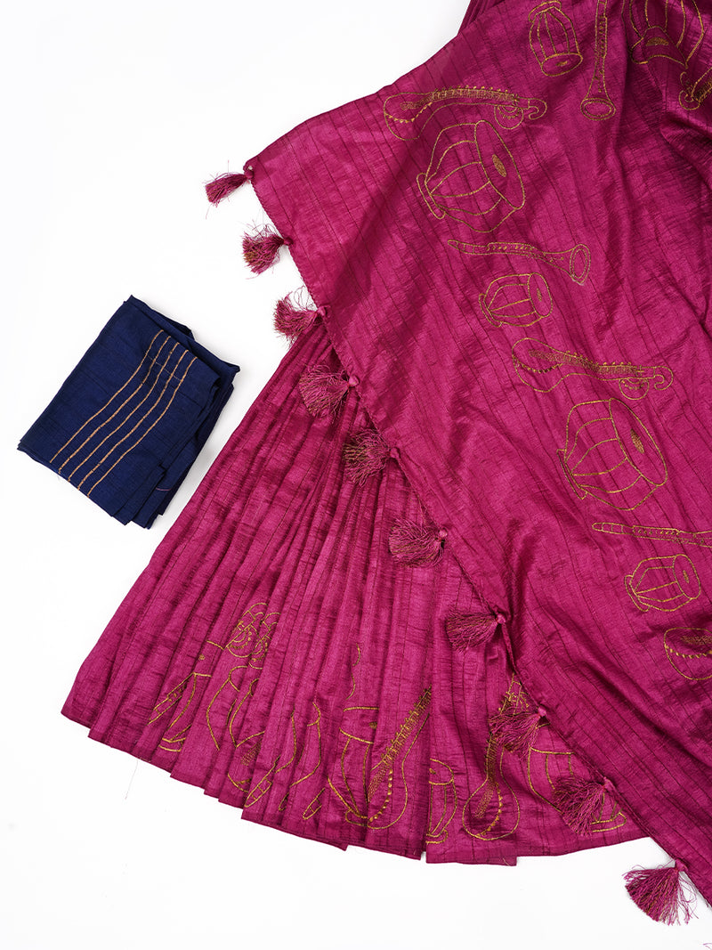 Womens Bhagalpuri Jute Embroidery Saree Purple BJS33