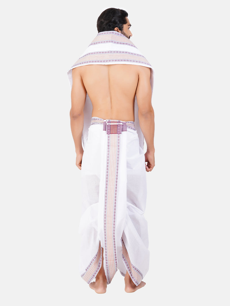 Mens White Panchakacham with Angavasthram Violet Fancy Border Koushika Fancy (9+5)
