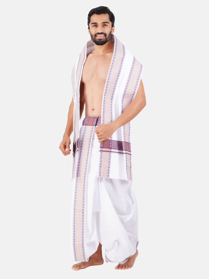 Mens White Panchakacham with Angavasthram Violet Fancy Border Koushika Fancy (9+5)