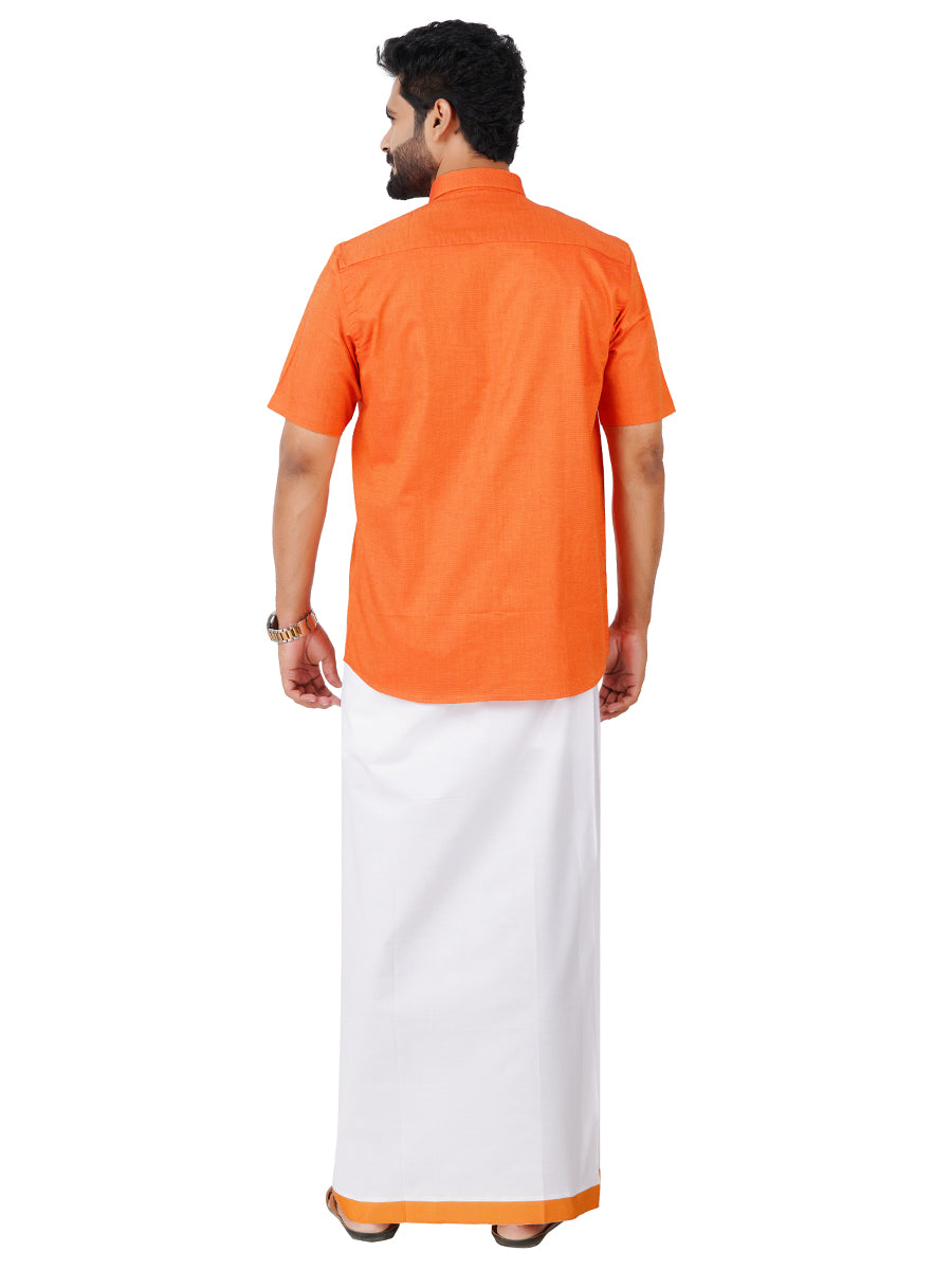 Mens Cotton Matching Border Dhoti & Half Sleeves Shirt Orange Set GL1-Back view