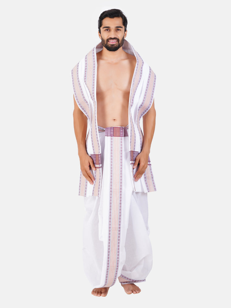 Mens White Panchakacham with Angavasthram Violet Fancy Border Koushika Fancy (9+5)