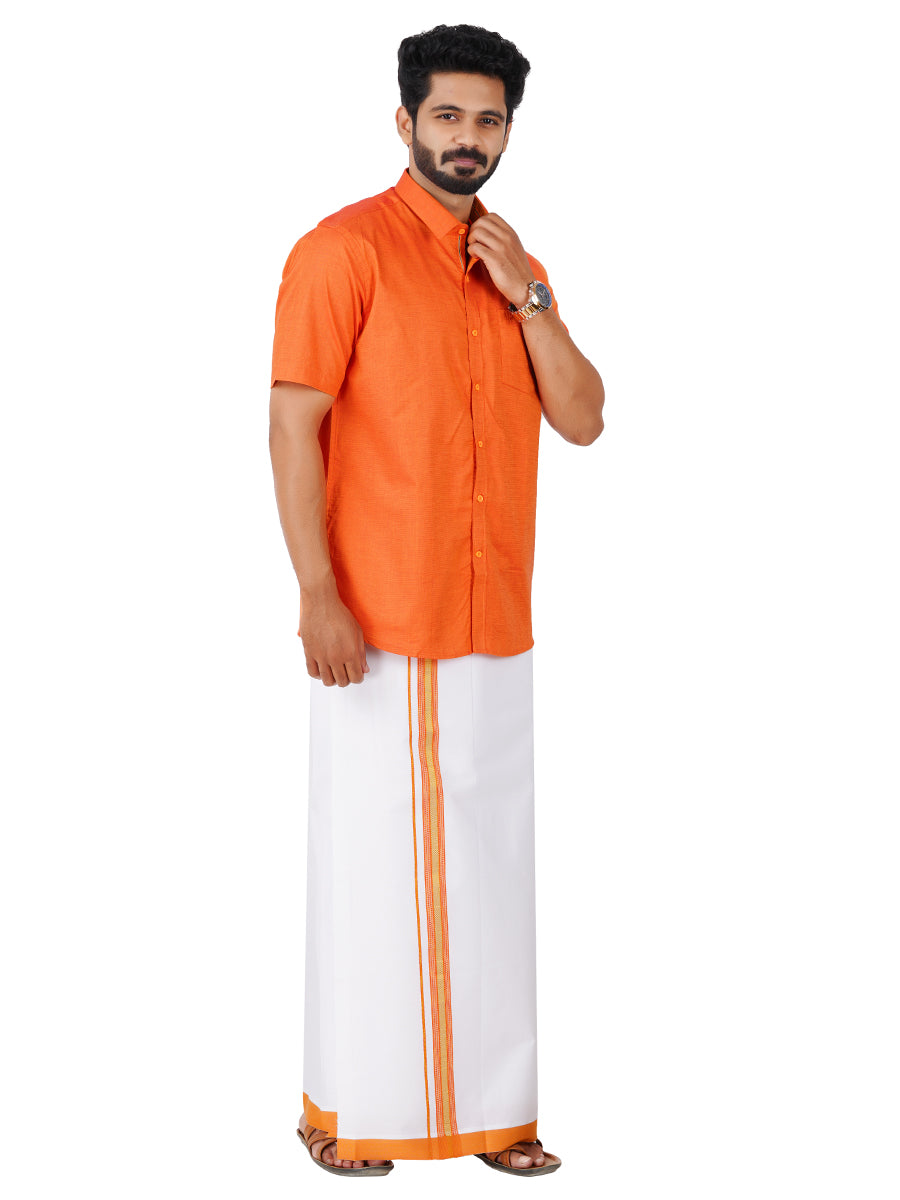 Mens Cotton Matching Border Dhoti & Half Sleeves Shirt Orange Set GL1-Side view