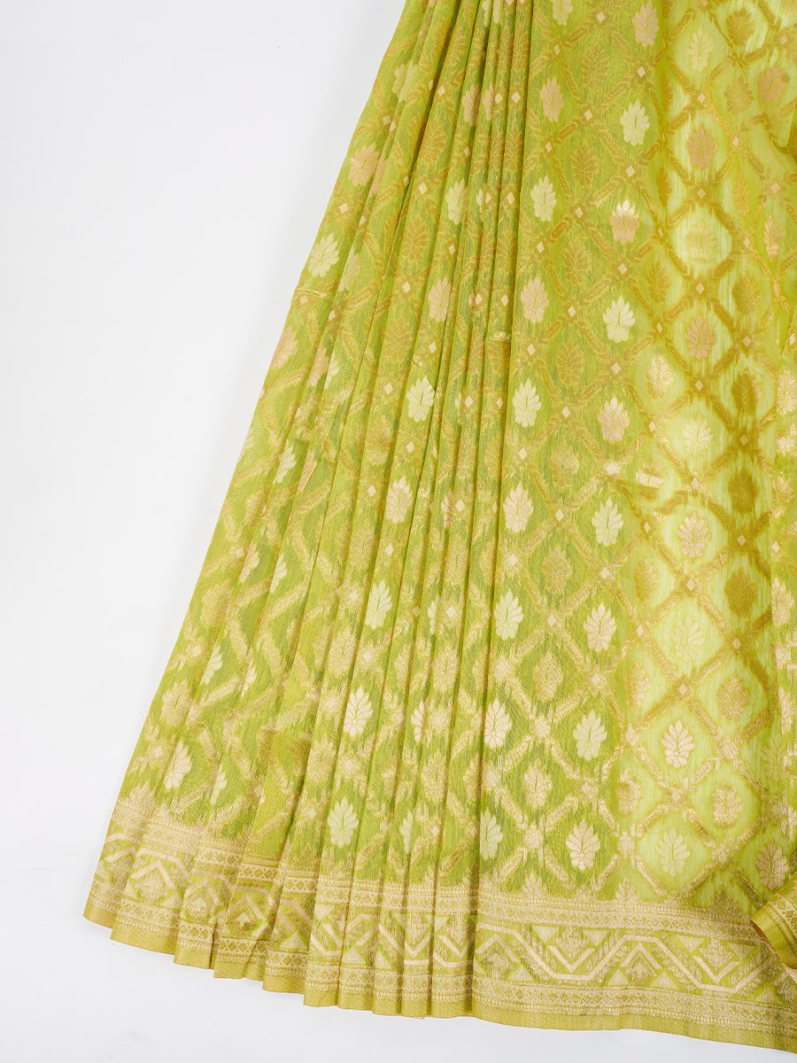 Stylish Flower Design Green & Sandal Semi Kora Cotton Saree SK72-Fleat view