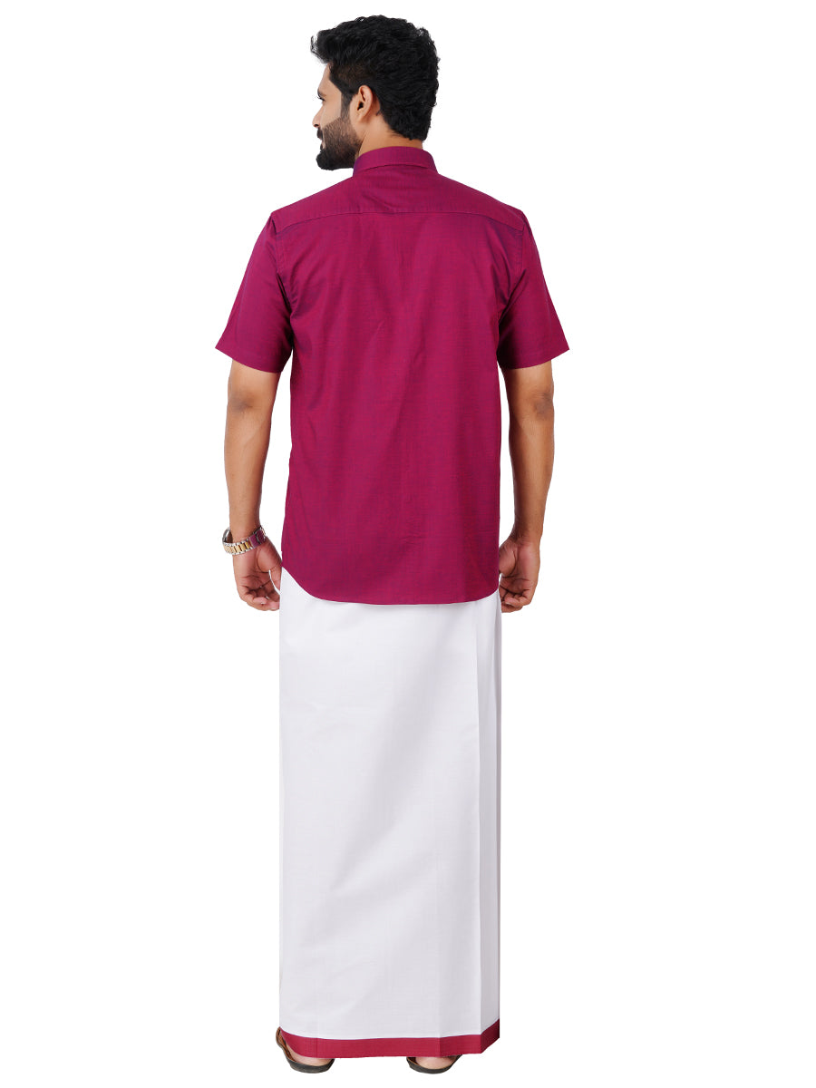 Mens Cotton Matching Border Dhoti & Half Sleeves Shirt Purple Set GL6-Back view