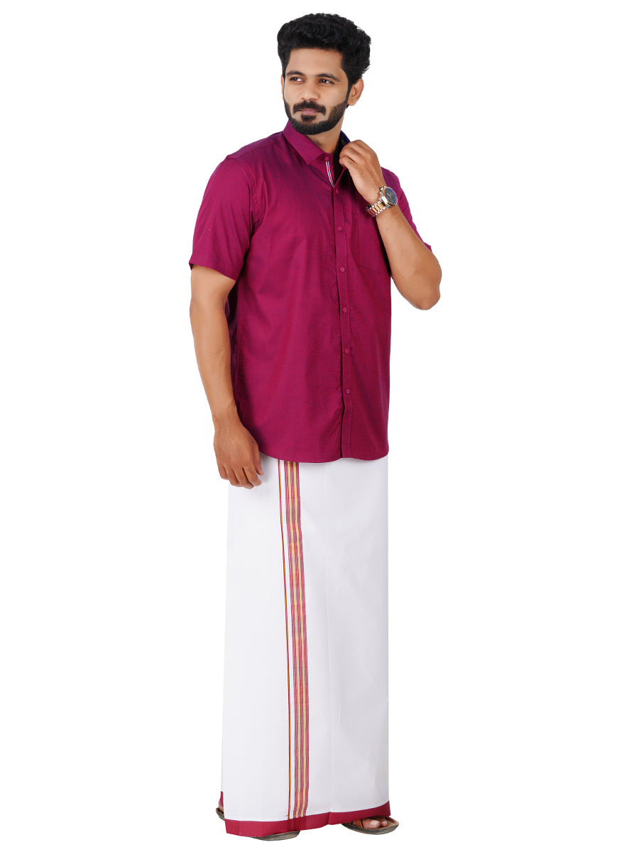 Mens Cotton Matching Border Dhoti & Half Sleeves Shirt Purple Set GL6-Side view