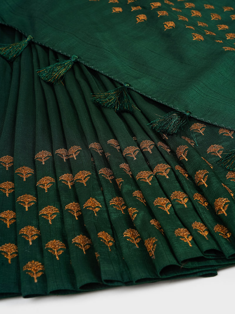 Womens Semi Tussar Flower Embroidery Dark Green Colour Saree ST83