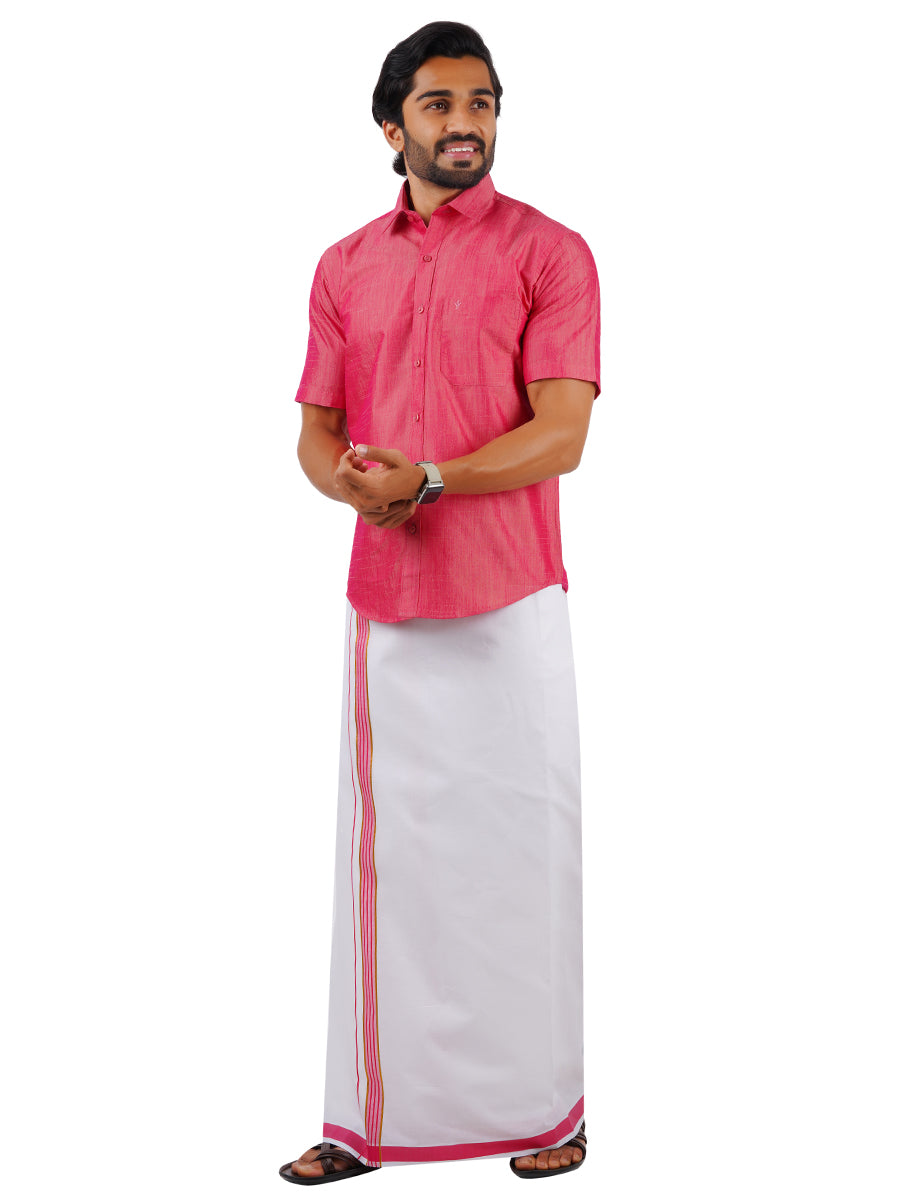Matching Dhoti Shirt & Semi Kora Cotton Saree Couple Combo Pink-Side view