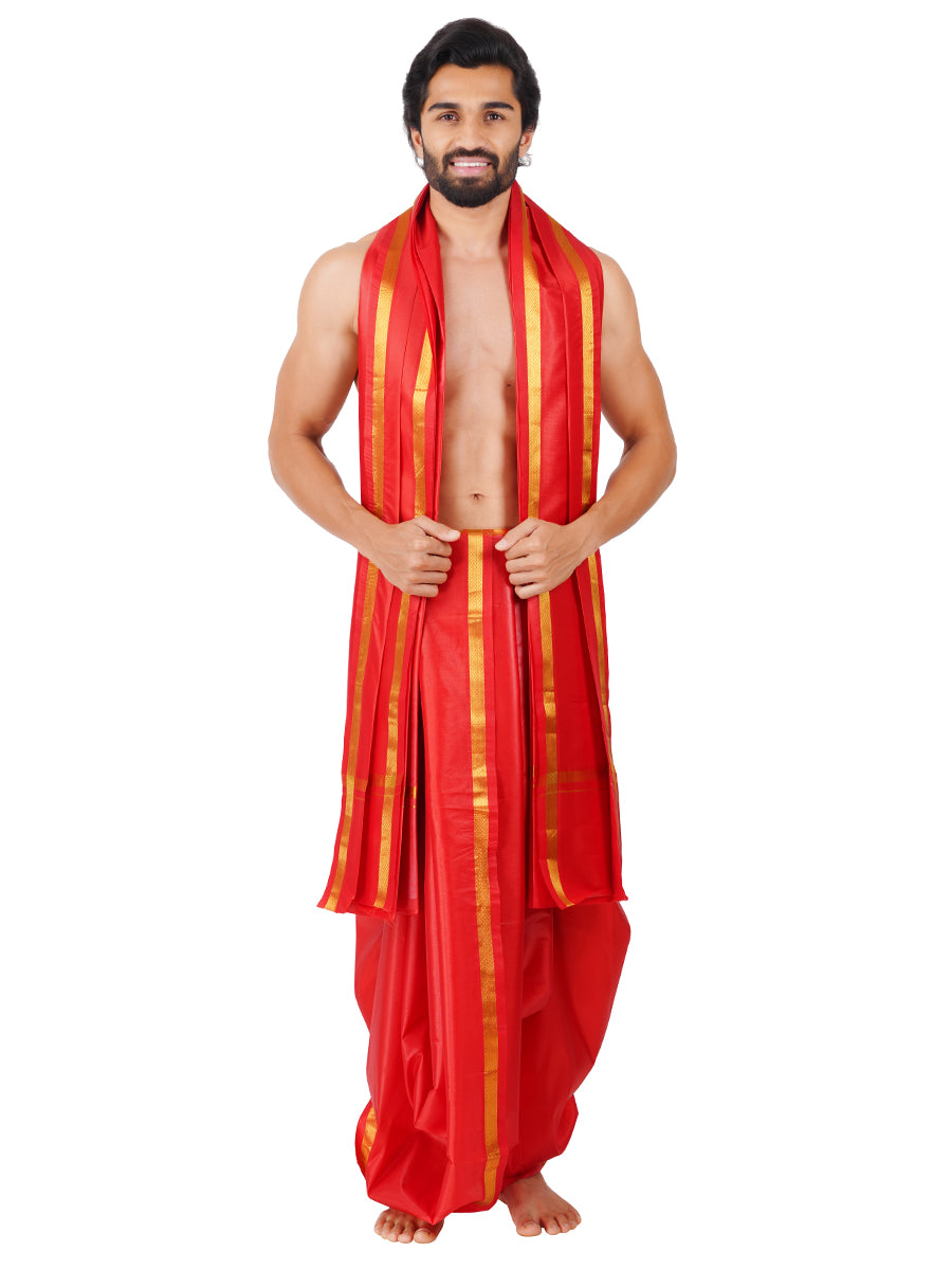 Men Art Silk Panchakacham Set Jayadeva Red (9+5)