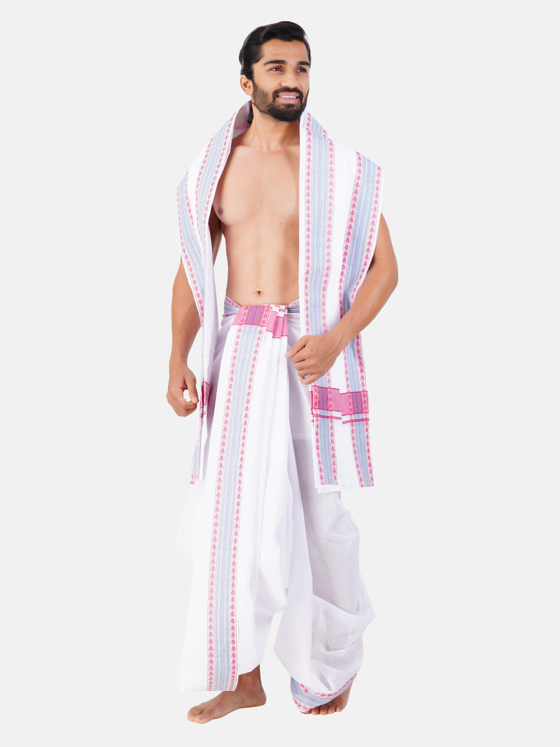 Mens White Panchakacham with Angavasthram Pink & Blue Fancy Border Koushika Fancy (9+5)