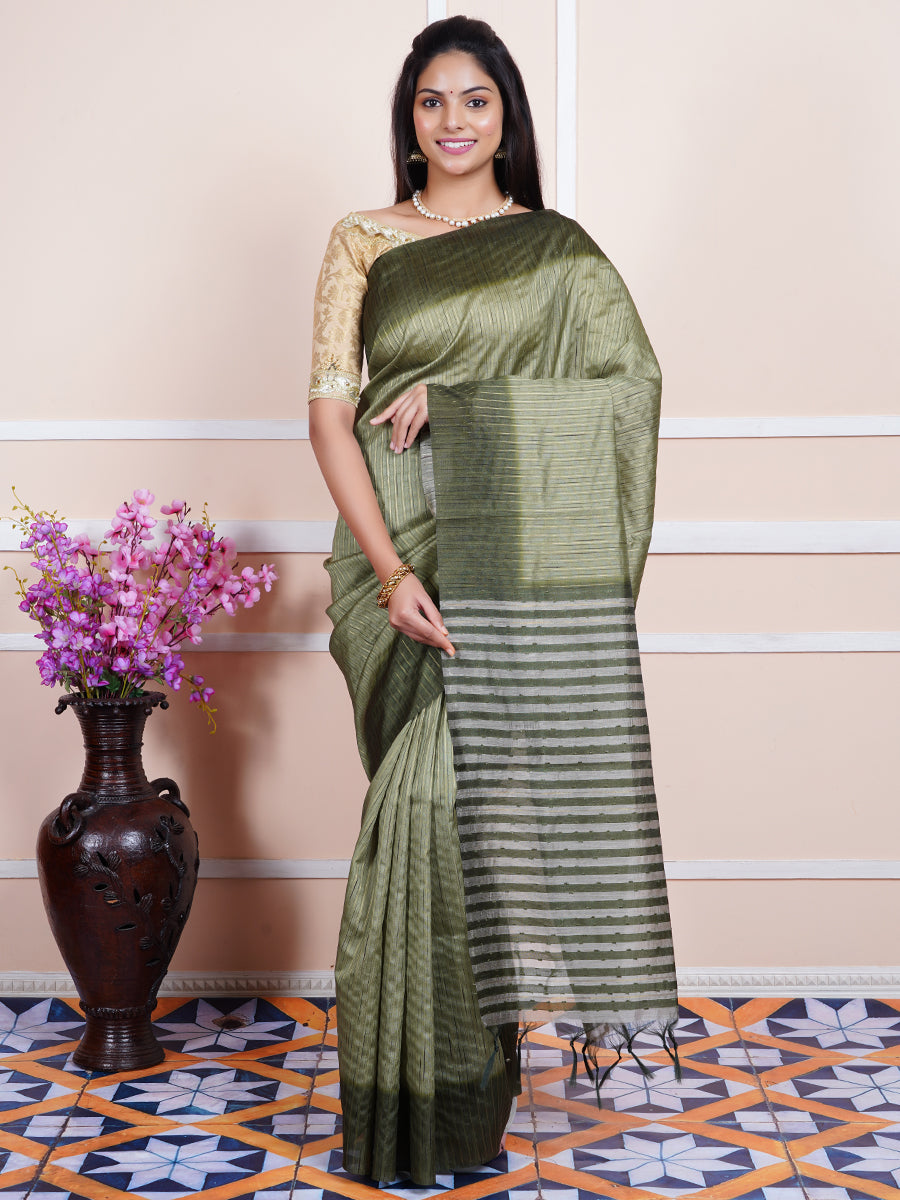 Women Semi Raw Silk Weaving Saree Green SRS49