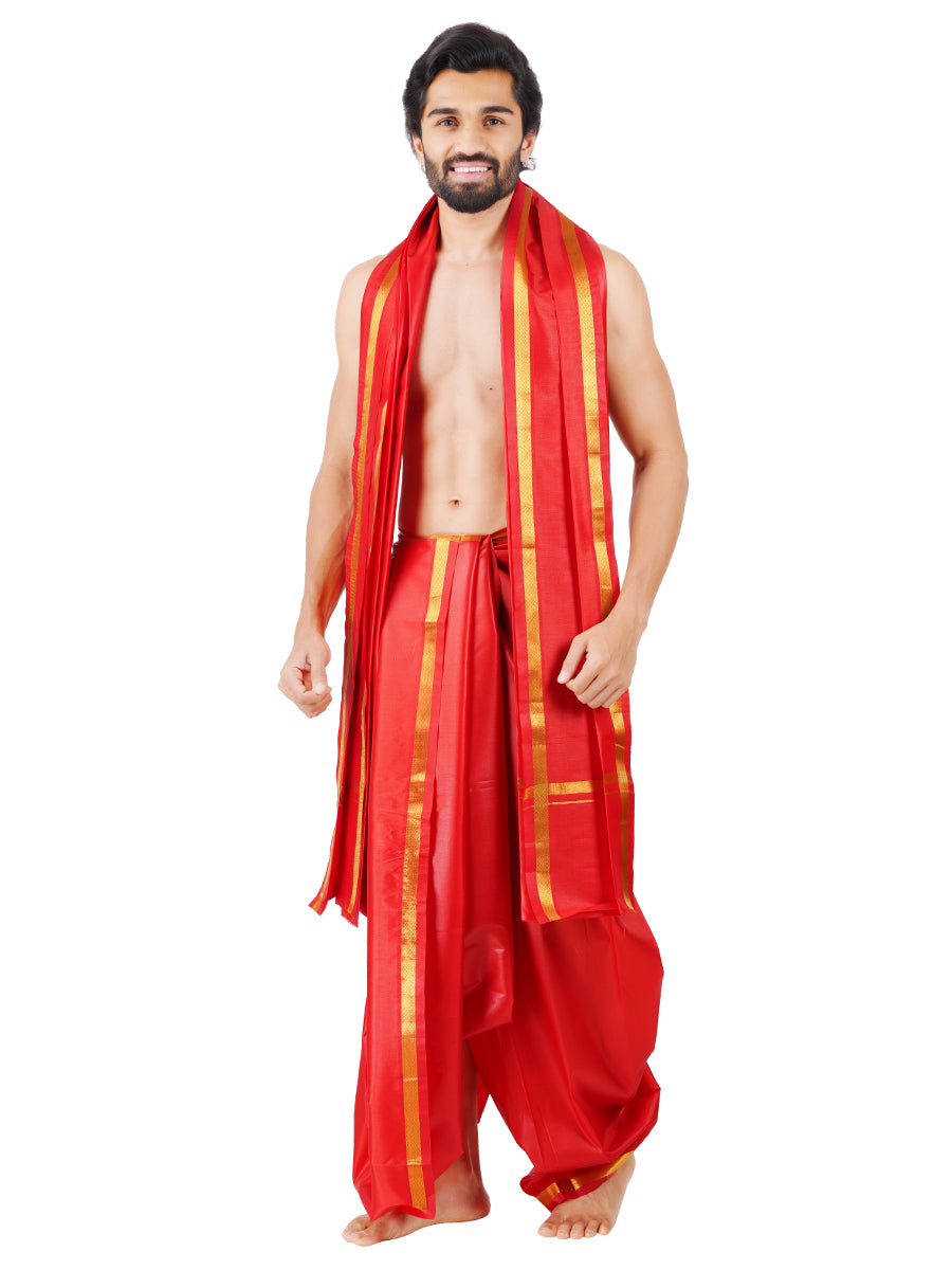 Men Art Silk Panchakacham Set Jayadeva Red (9+5)