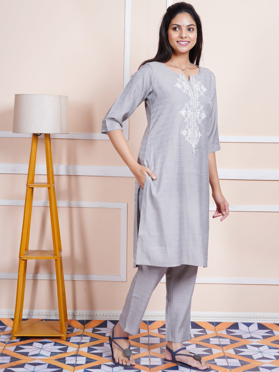 Womens Cotton Embroidered Kurti Sets Grey EKS08