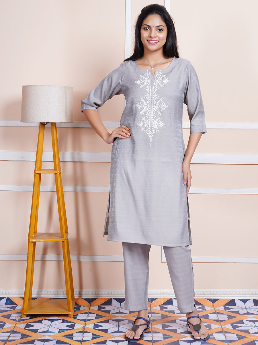 Womens Cotton Embroidered Kurti Sets Grey EKS08