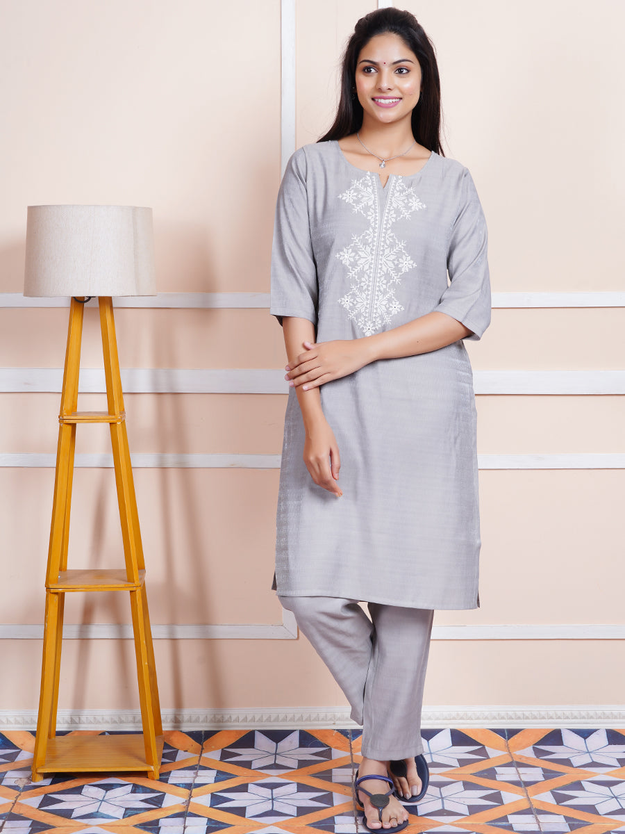 Womens Cotton Embroidered Kurti Sets Grey EKS08