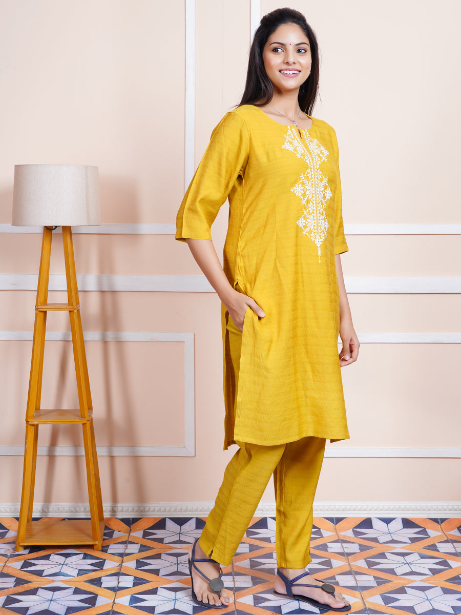 Womens Cotton Embroidered Kurti Sets Mustard EKS06