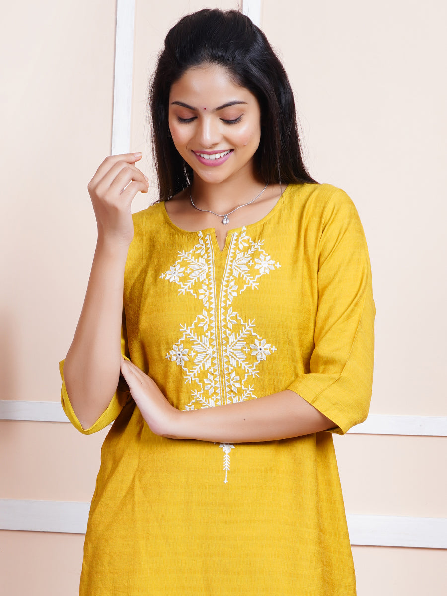 Womens Cotton Embroidered Kurti Sets Mustard EKS06