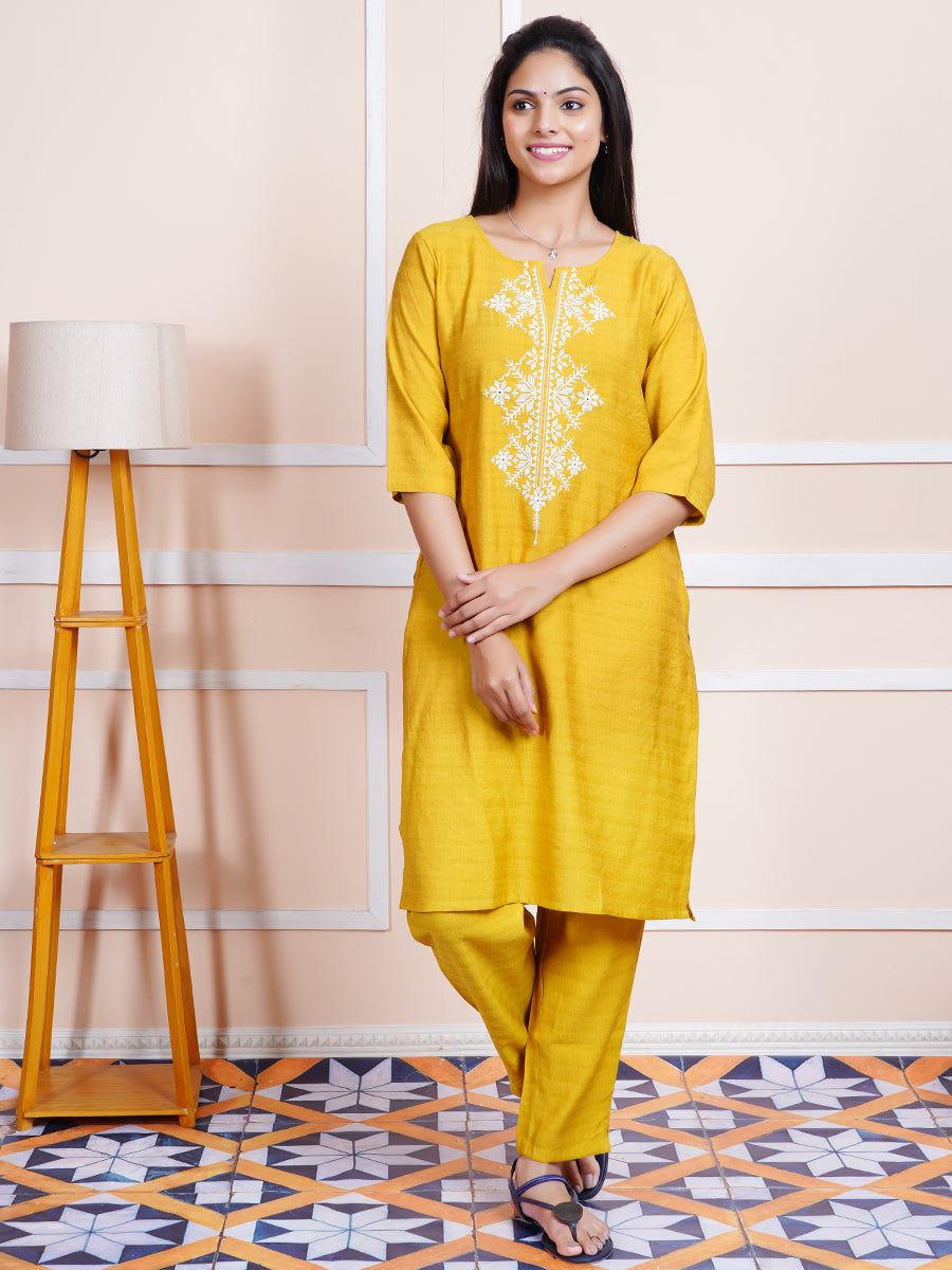 Women Cotton Embroidered Kurti Sets Mustard EKS06