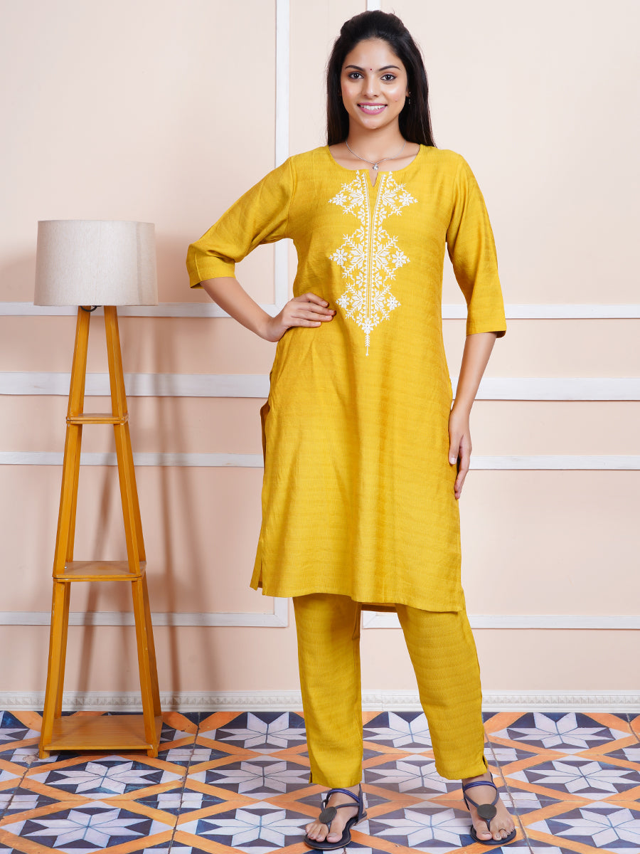 Women Cotton Embroidered Kurti Sets Mustard EKS06