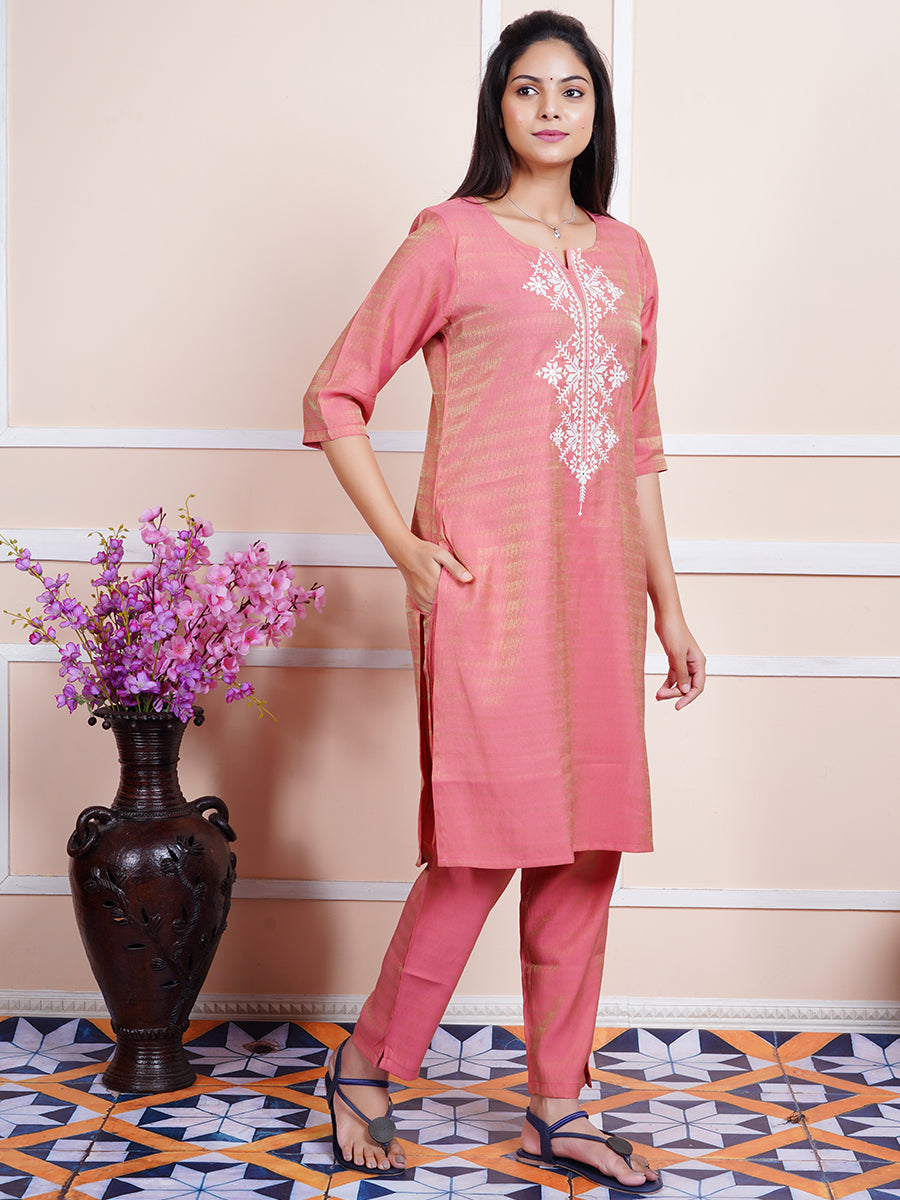 Women Cotton Embroidered Kurti Sets Red EKS09