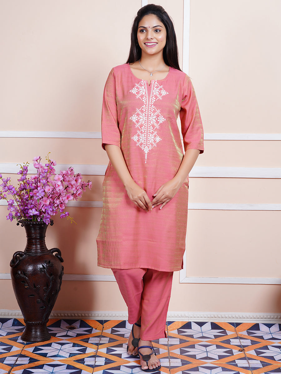 Women Cotton Embroidered Kurti Sets Red EKS09