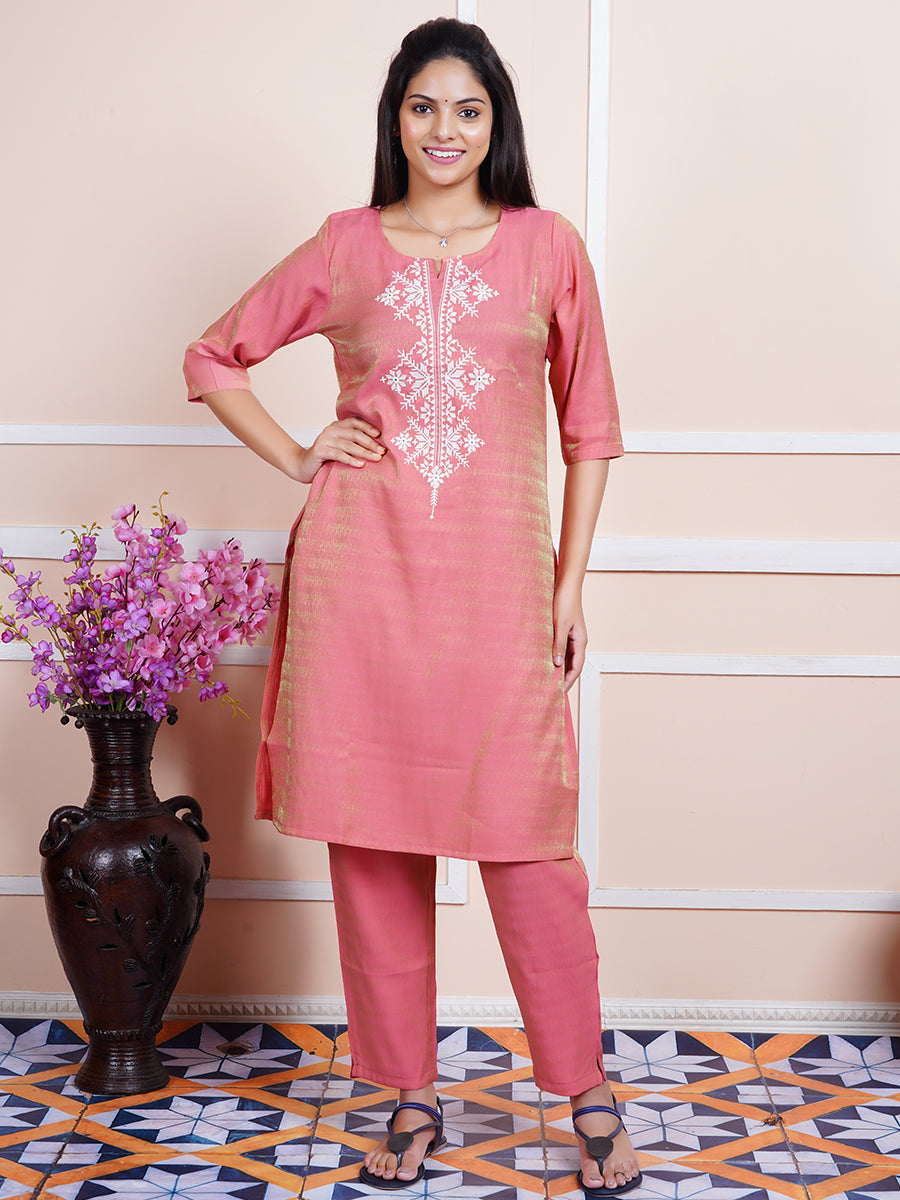 Women Cotton Embroidered Kurti Sets Red EKS09