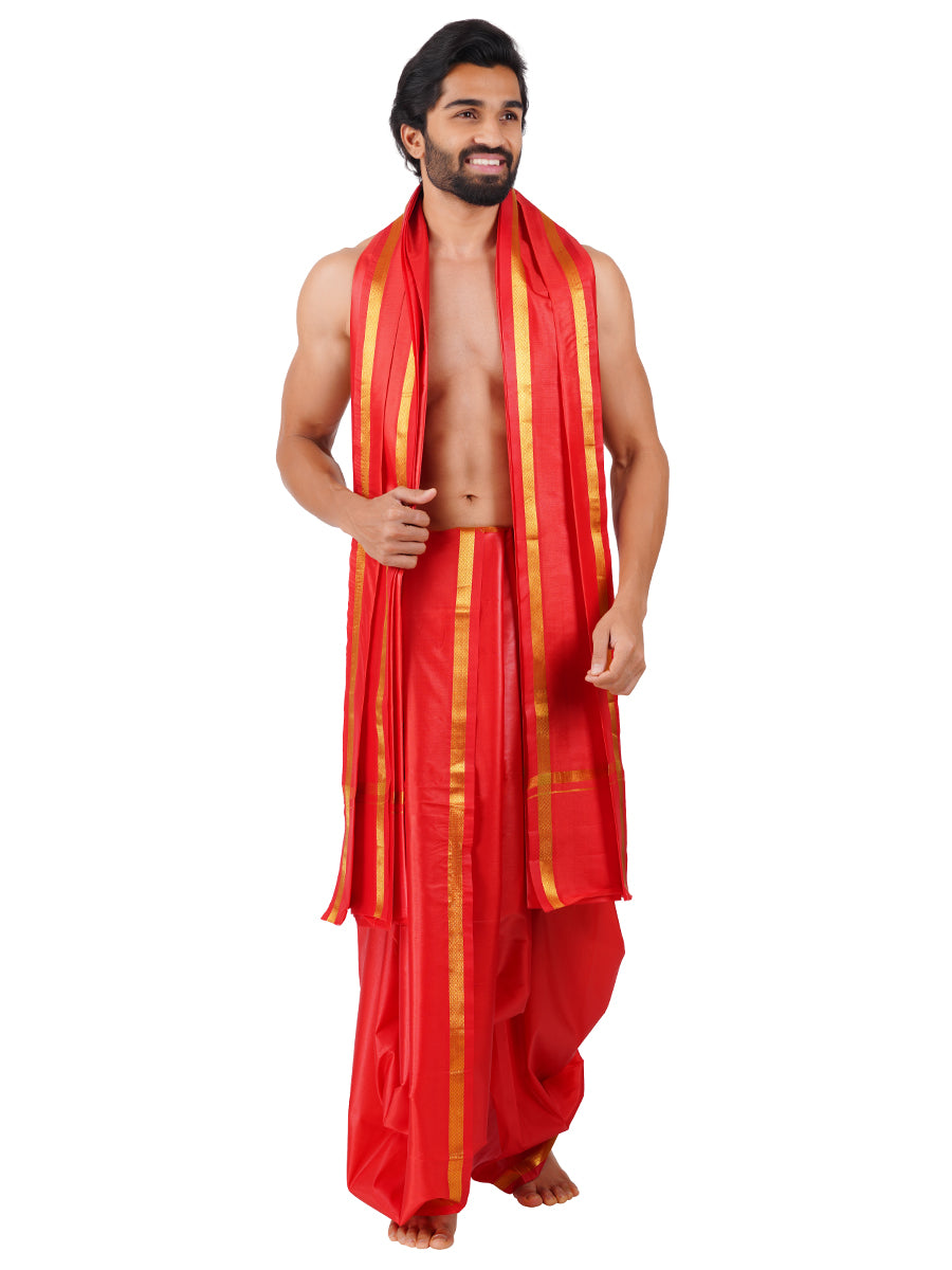 Men Art Silk Panchakacham Set Jayadeva Red (9+5)