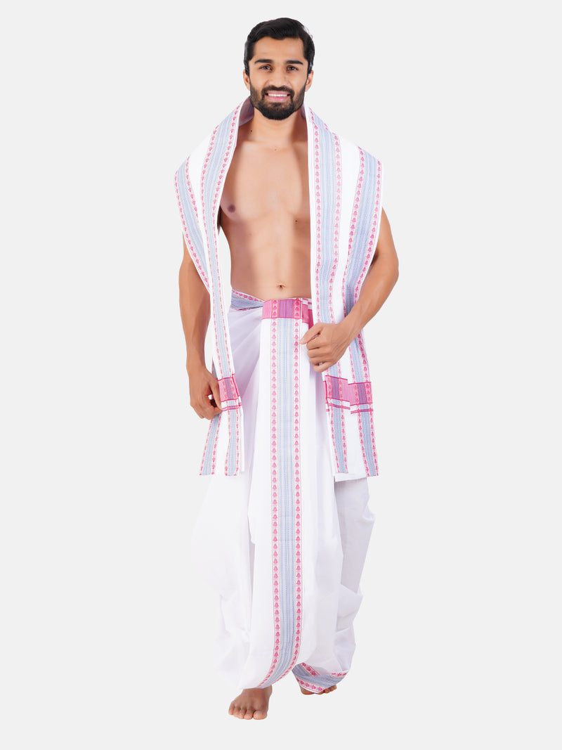 Mens White Panchakacham with Angavasthram Pink & Blue Fancy Border Koushika Fancy (9+5)
