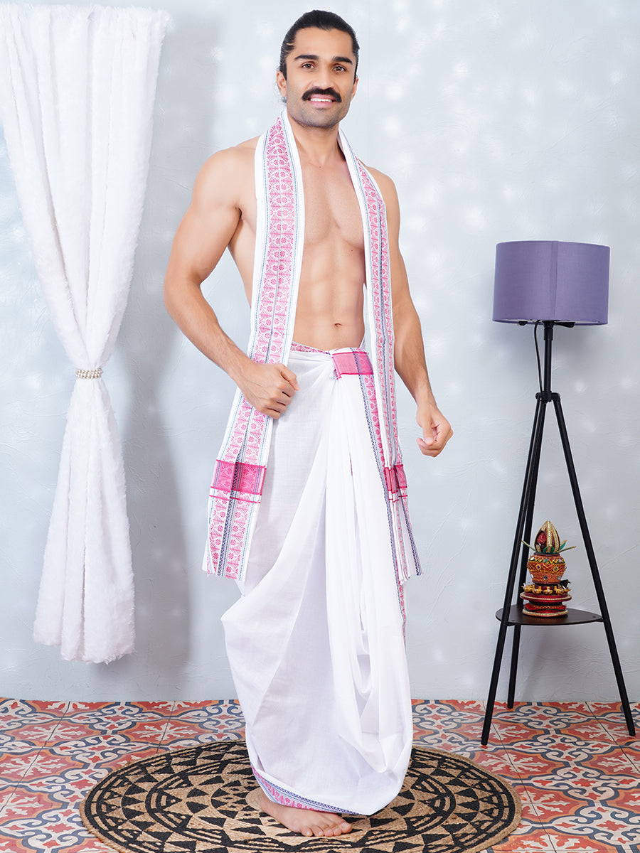 Mens Fancy Pink Border Panchakacham With Angavasthram Srirasthu(9+5) SR18