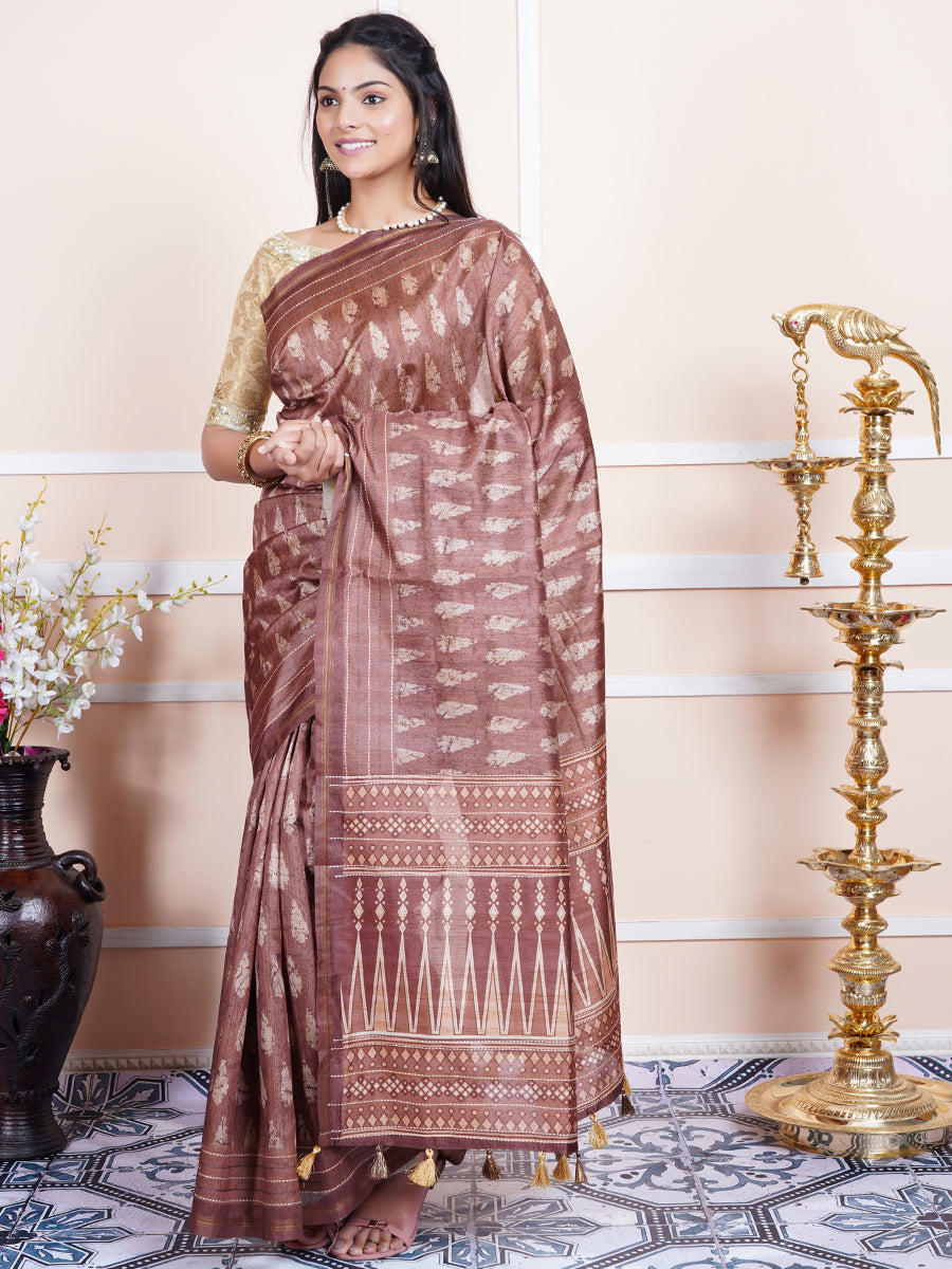 Womens Semi Tussar Silk Saree Brown ST122