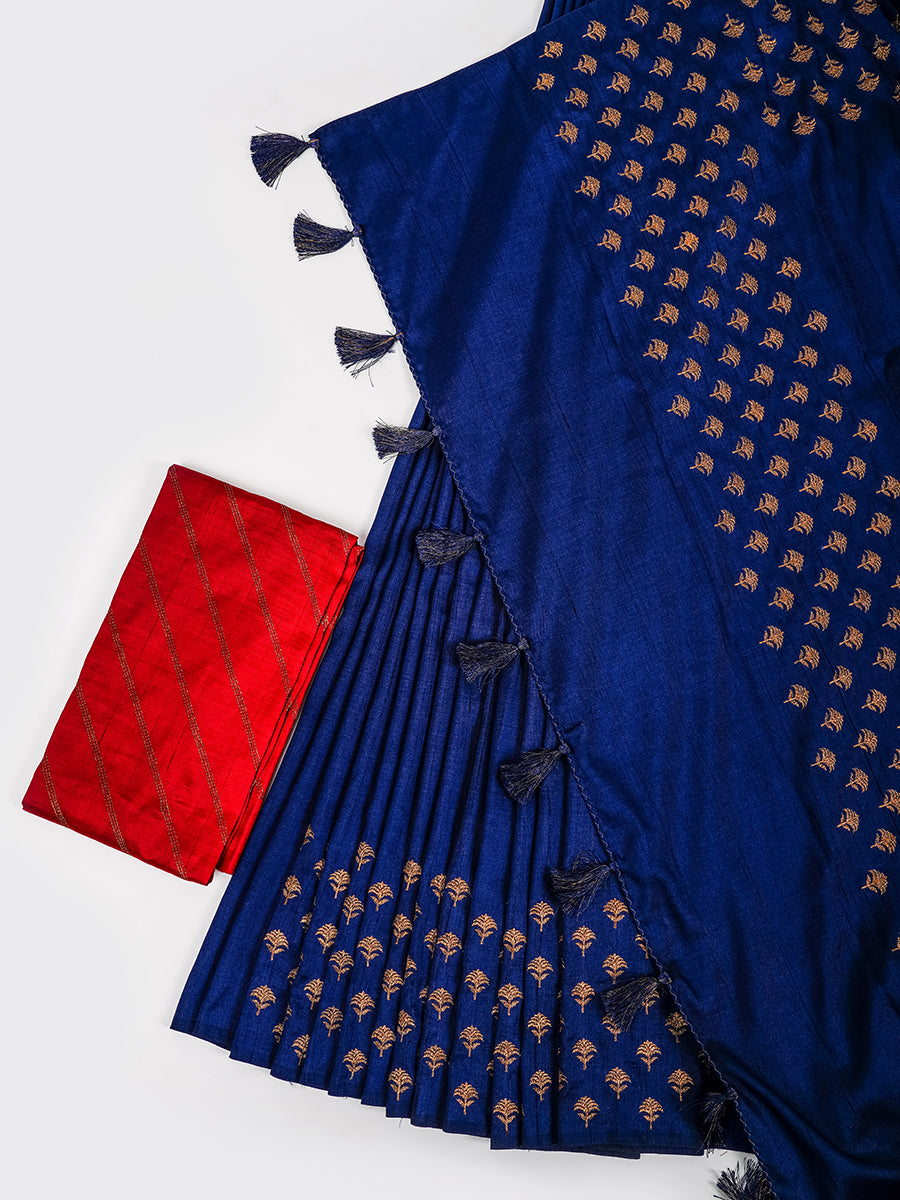Womens Semi Tussar Flower Embroidery Navy Colour Saree ST82-View one