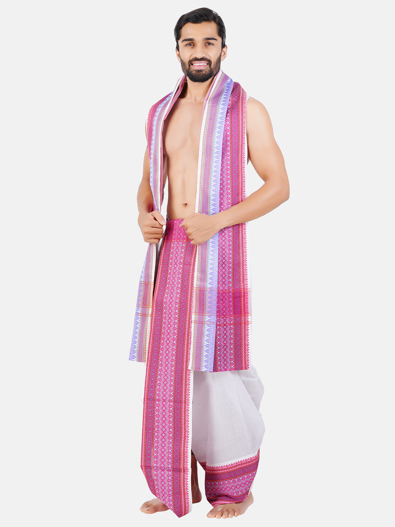 Mens 100% Cotton White Panchakacham with Angavasthram Pink Fancy Border Pushpamitra (9+5)