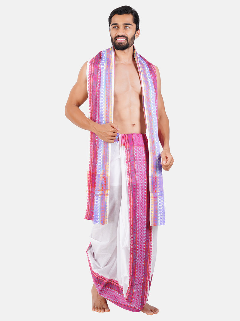 Mens 100% Cotton White Panchakacham with Angavasthram Pink Fancy Border Pushpamitra (9+5)